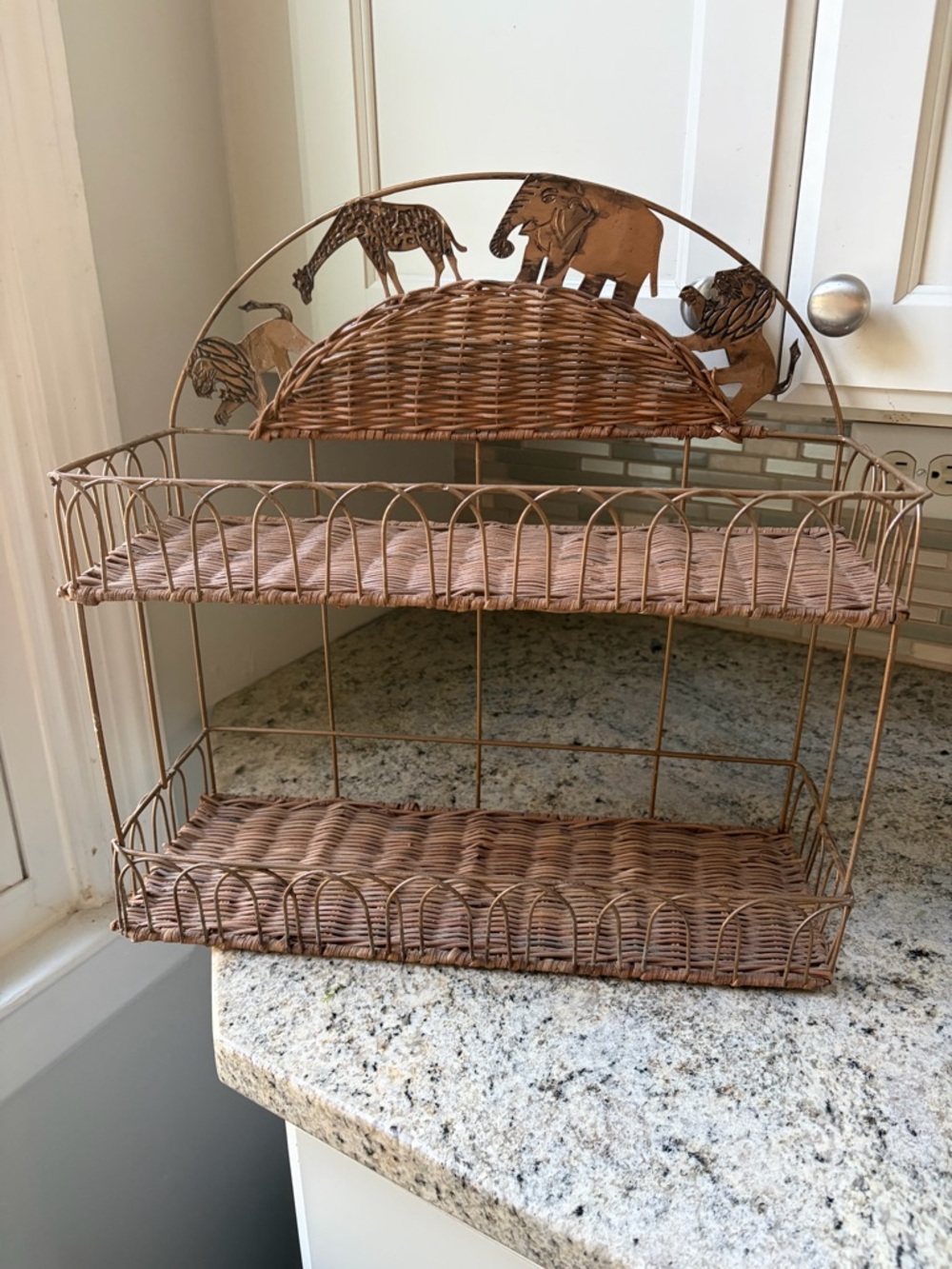 Vintage 2 tier Wicker Rattan and Metal Shelf Safari animal theme